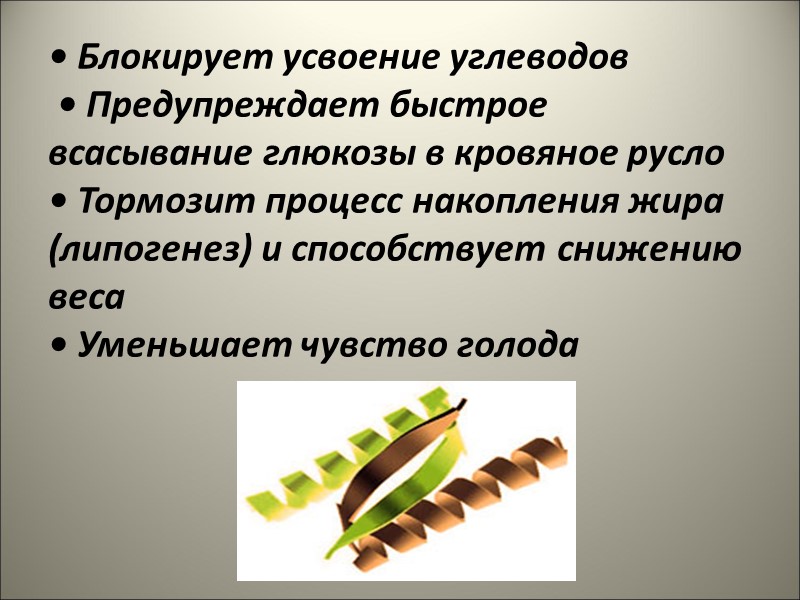 • Блокирует усвоение углеводов  • Предупреждает быстрое всасывание глюкозы в кровяное русло •